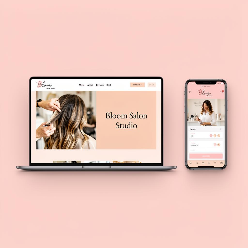 Bloom Salon Studio — matching website and app mockup