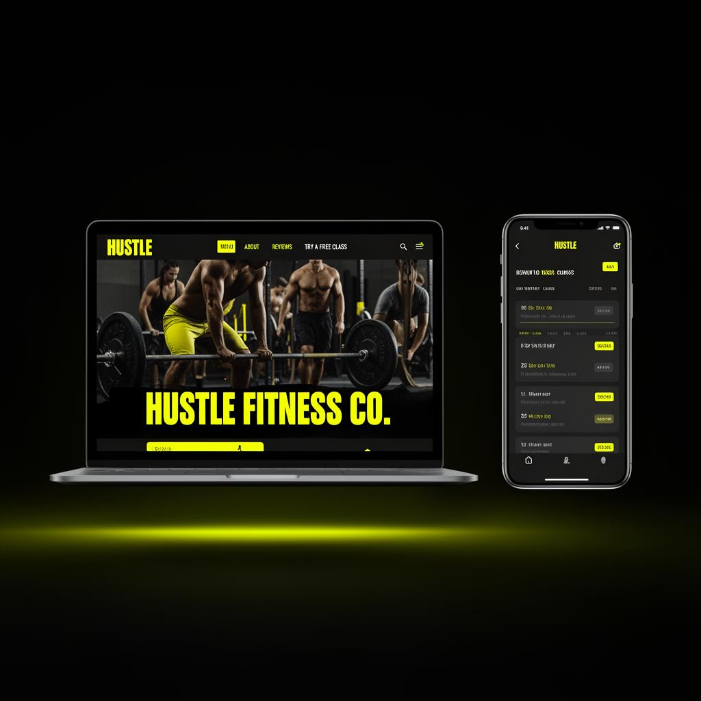 Hustle Fitness Co. — matching website and app mockup